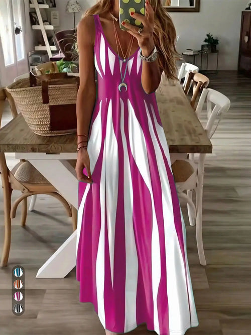 & Stripe Maxi Nightdress, Sleeveless, Comfortable Sleepwear for Women, Stylish Long Dress for Bedroom, Soft Fabric Evening Gown - Color: Rose red, Size: S