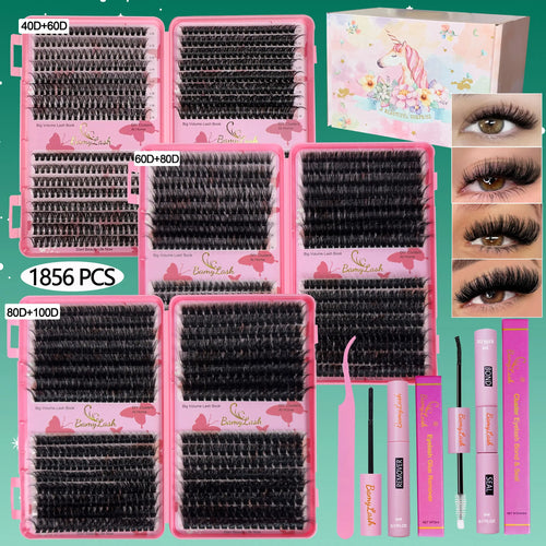476-1856 Pcs Cluster Eyelash Kit, Mixed Length & Style D Curl 3D Lashes, Cluster False Lashes, Diy Lash Clusters, Synthetic Fiber, Includes Glue Remover Tweezer, Lash Extension, Beginner Friendly Eyelashes & Daily Makeup Use, DIY Eyelash Extensions