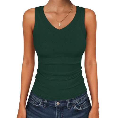 ANRABESS Tank Tops for Women V Neck Ribbed Knit Slim Fitted Sleeveless Tee – 2026 Summer Casual Basic Tanks - Color: Deep Green, Size: X-Small