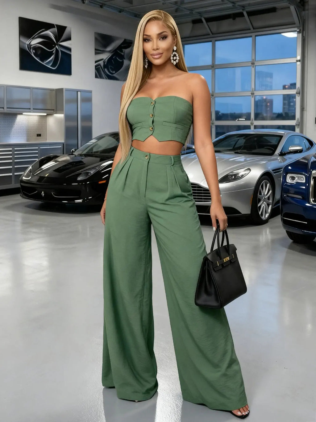 Women's Strapless Crop Top & Wide-Leg Palazzo Pants Two-Piece Set, Elegant High-Waisted Summer Vacation Outfit, Loose Matching Set for Going Out, Party & Lounge, Boutique Fashion