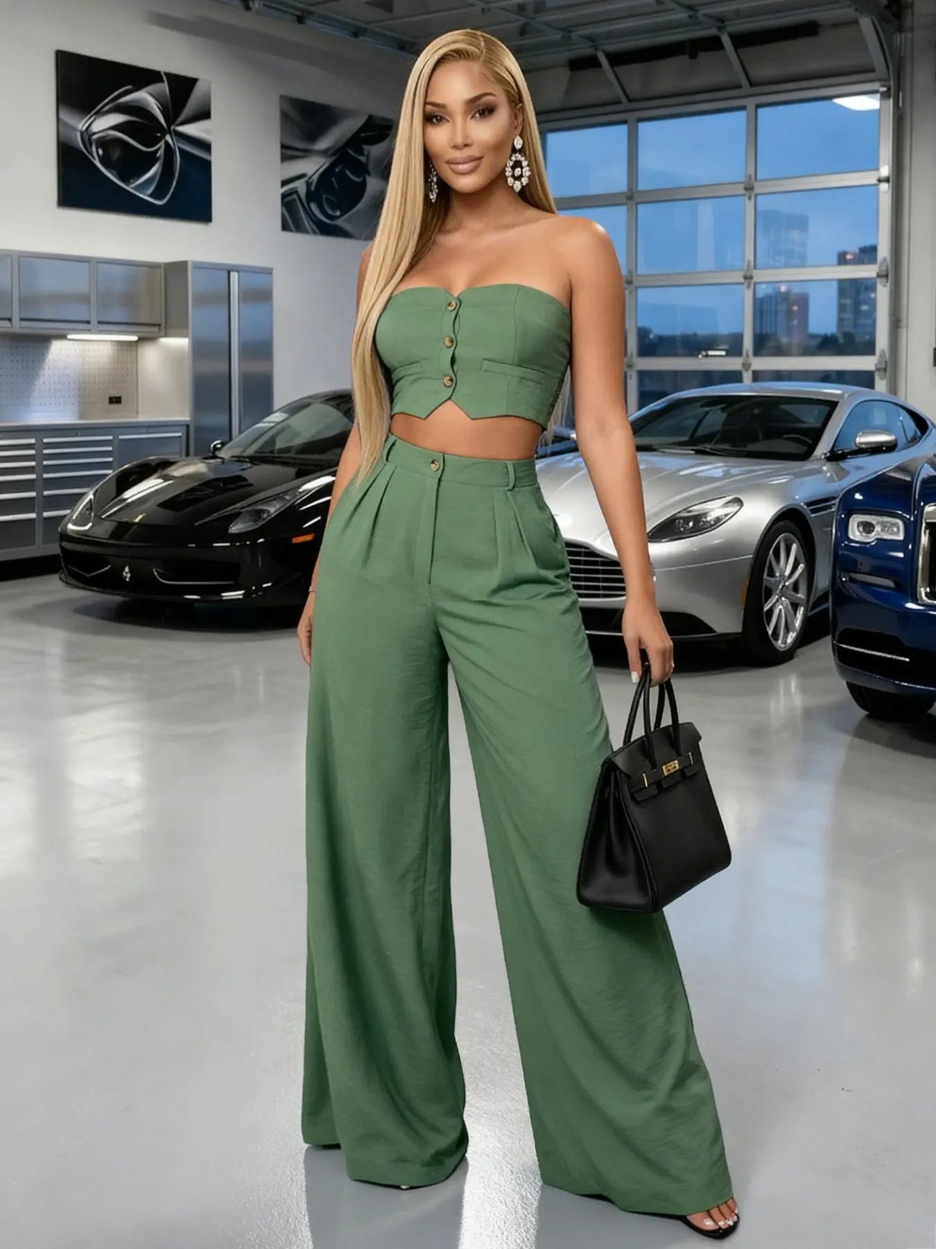Women's Strapless Crop Top & Wide-Leg Palazzo Pants Two-Piece Set, Elegant High-Waisted Summer Vacation Outfit, Loose Matching Set for Going Out, Party & Lounge, Boutique Fashion