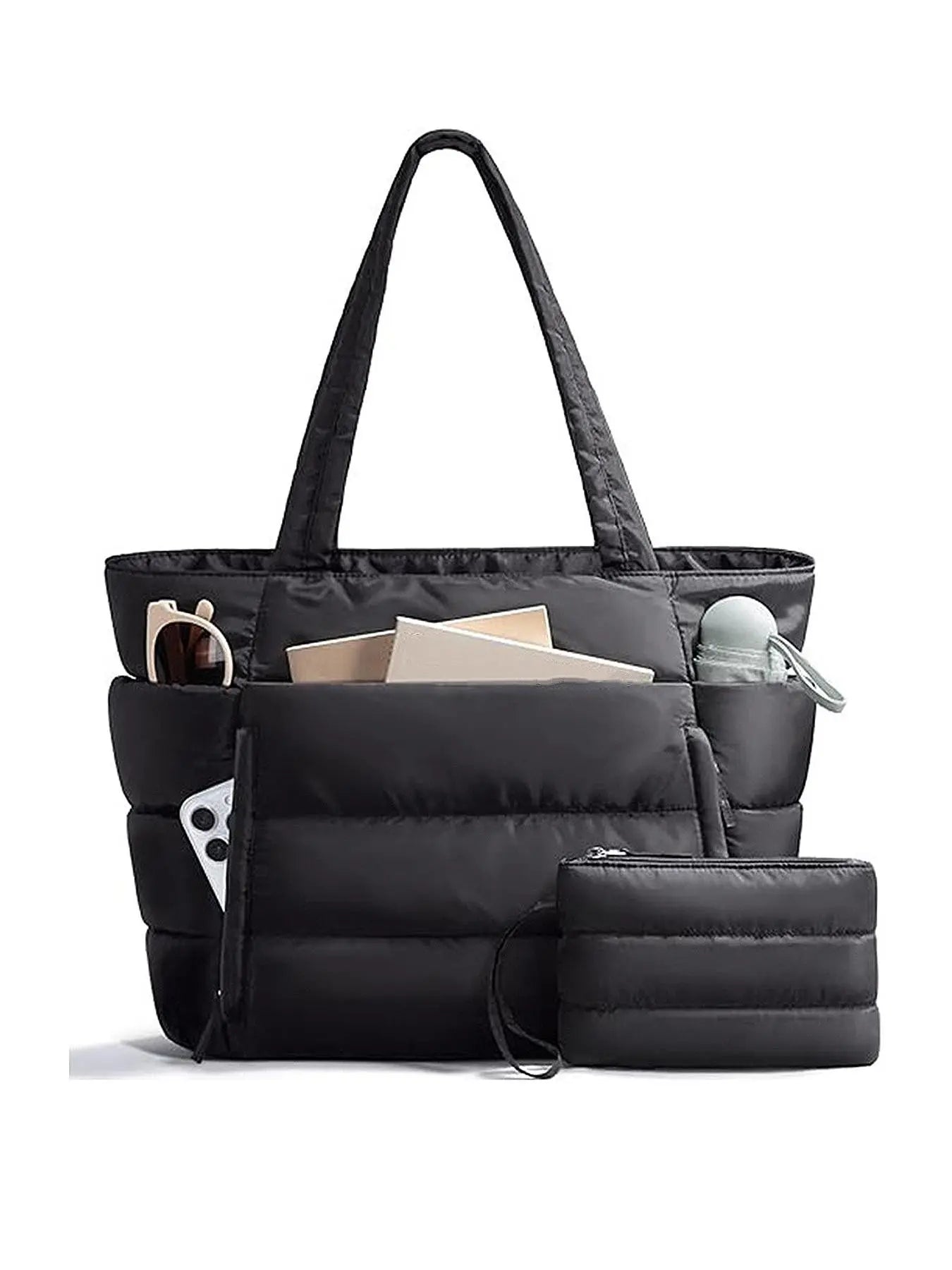 Fluffy texture one-shoulder tote bag, lightweight practical shoulder bag, minimalist multi-layer pocket design, quilted puffer bag, Casual commuter bag, Daily commuting bags, suitable for students, office workers