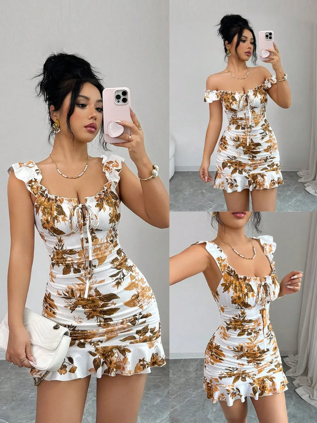 Women's Chic Summer Knitted Floral Print Bodycon Mini Dress, Casual Bohemian Fashion Hollow Out Bow Design Wear, Elegant French Ruffle Hem Dress, Bohemian Sun Dress