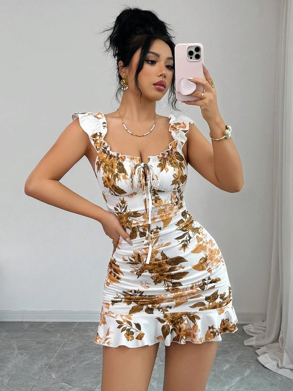 Women's Chic Summer Knitted Floral Print Bodycon Mini Dress, Casual Bohemian Fashion Hollow Out Bow Design Wear, Elegant French Ruffle Hem Dress, Bohemian Sun Dress
