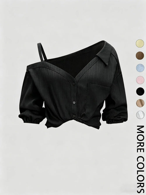 1 Spring Summer Asymmetric Cold Shoulder Blouse Women Shirts | Collared Button Down Textured Fabric 3/4 Sleeve | Clean Girl Casual Chic Style for Daily Vacation Beach Travel - Color: Black, Size: S