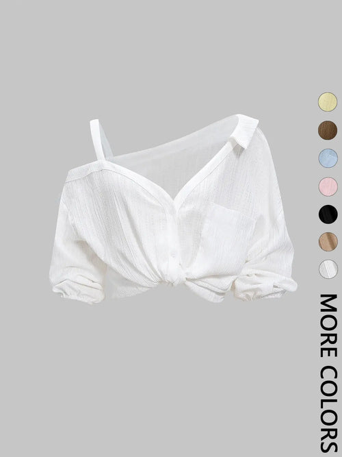 1 Spring Summer Asymmetric Cold Shoulder Blouse Women Shirts | Collared Button Down Textured Fabric 3/4 Sleeve | Clean Girl Casual Chic Style for Daily Vacation Beach Travel