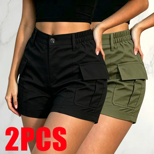 2-Pack High-Waist Elastic Cargo Shorts for Women, Multi Pockets, Slimming Hot Pants Style Fit Womenswear Bottom