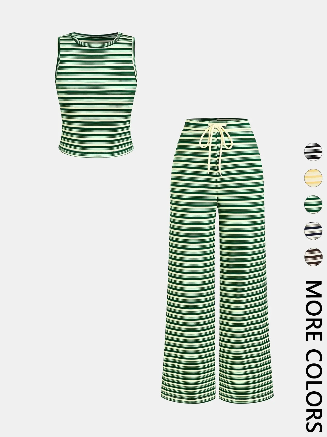 Women's Striped Co-ord Set, Casual Crew Neck Sleeveless Crop Tank Top & Elastic Drawstring Waist Wide-Leg Pants, Multiple Color Options, Soft Stretchy Breathable Knit Fabric, Loungewear, Vintage Two-Piece Set for Vacation & Daily Wear, Clothes