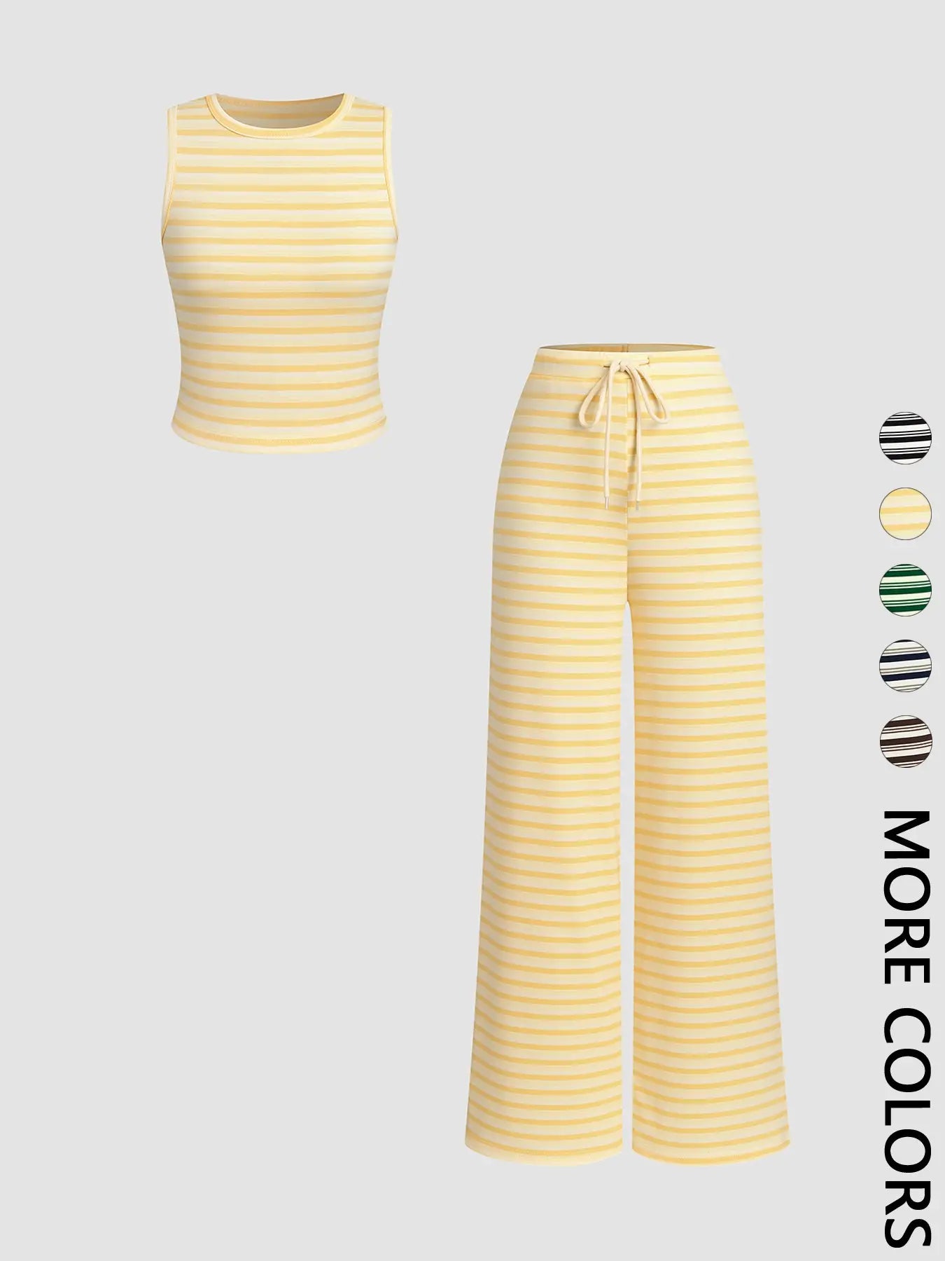 Women's Striped Co-ord Set, Casual Crew Neck Sleeveless Crop Tank Top & Elastic Drawstring Waist Wide-Leg Pants, Multiple Color Options, Soft Stretchy Breathable Knit Fabric, Loungewear, Vintage Two-Piece Set for Vacation & Daily Wear, Clothes - Color: Yellow, Size: XS