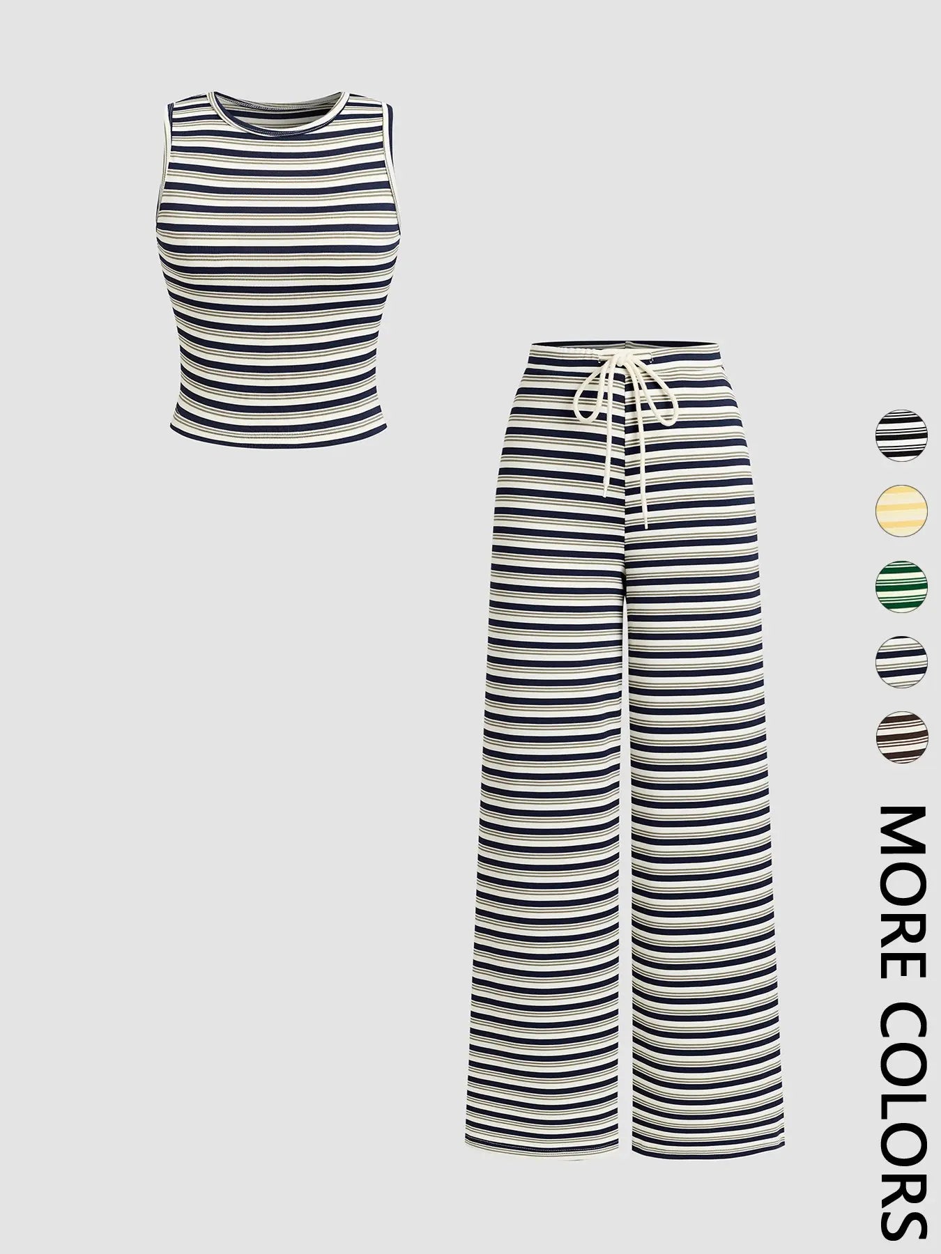 Women's Striped Co-ord Set, Casual Crew Neck Sleeveless Crop Tank Top & Elastic Drawstring Waist Wide-Leg Pants, Multiple Color Options, Soft Stretchy Breathable Knit Fabric, Loungewear, Vintage Two-Piece Set for Vacation & Daily Wear, Clothes - Color: Navy Blue, Size: XS