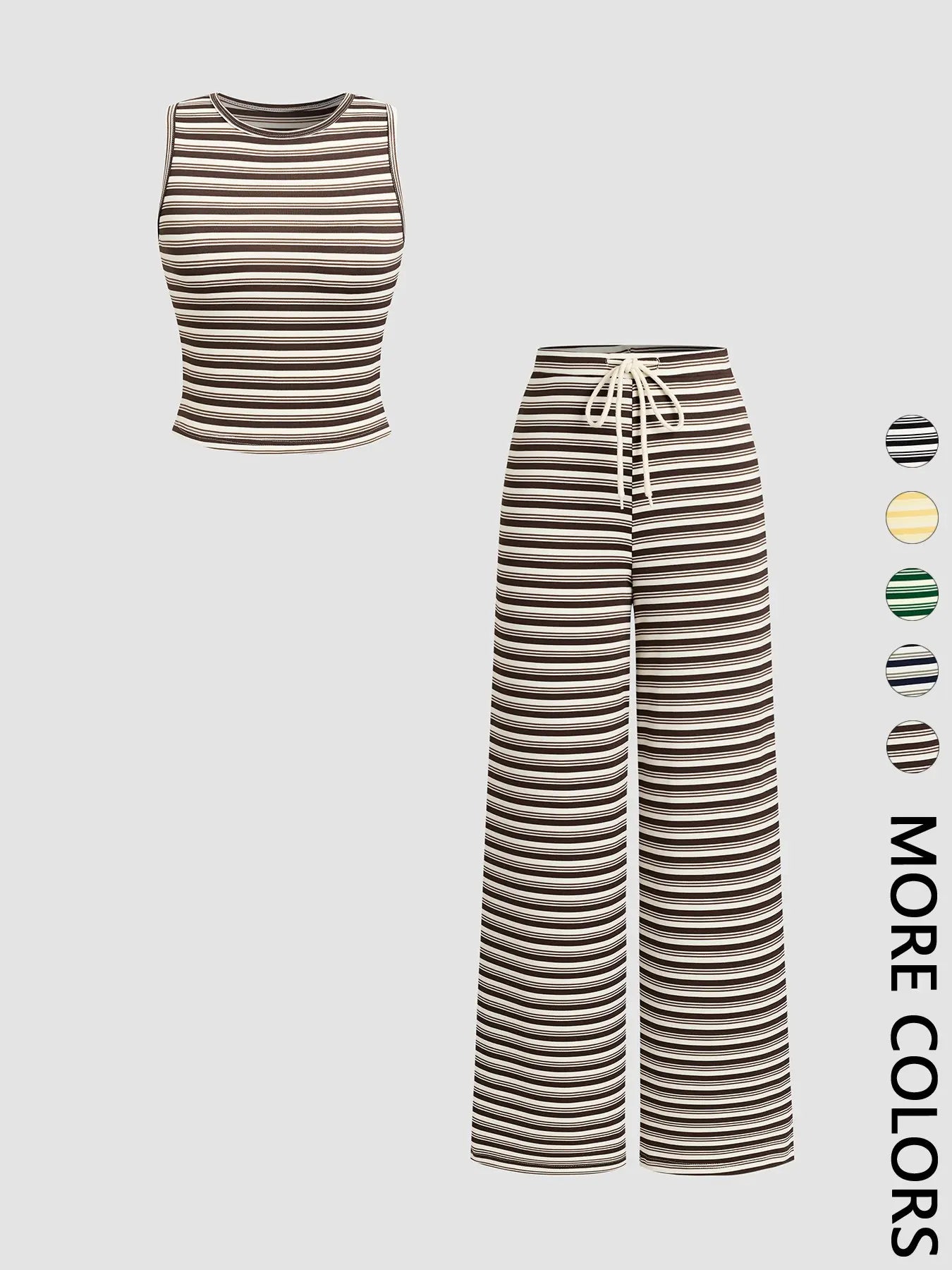 Women's Striped Co-ord Set, Casual Crew Neck Sleeveless Crop Tank Top & Elastic Drawstring Waist Wide-Leg Pants, Multiple Color Options, Soft Stretchy Breathable Knit Fabric, Loungewear, Vintage Two-Piece Set for Vacation & Daily Wear, Clothes - Color: Brown, Size: XS