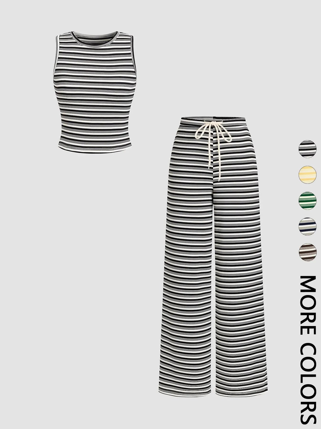Women's Striped Co-ord Set, Casual Crew Neck Sleeveless Crop Tank Top & Elastic Drawstring Waist Wide-Leg Pants, Multiple Color Options, Soft Stretchy Breathable Knit Fabric, Loungewear, Vintage Two-Piece Set for Vacation & Daily Wear, Clothes