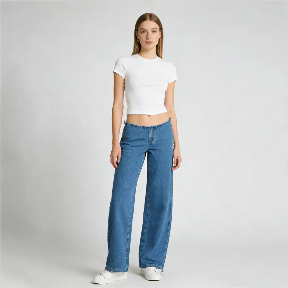 Pwest NYC Low-Rise Wide-Leg Jeans — Adjustable Drawstring Waistband/Hem, Relaxed Straight Cut, Soft Daily Wear-Spring Summer Bottom Trouser