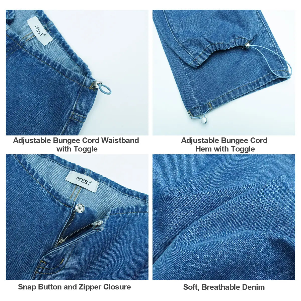 Pwest NYC Low-Rise Wide-Leg Jeans — Adjustable Drawstring Waistband/Hem, Relaxed Straight Cut, Soft Daily Wear-Spring Summer Bottom Trouser
