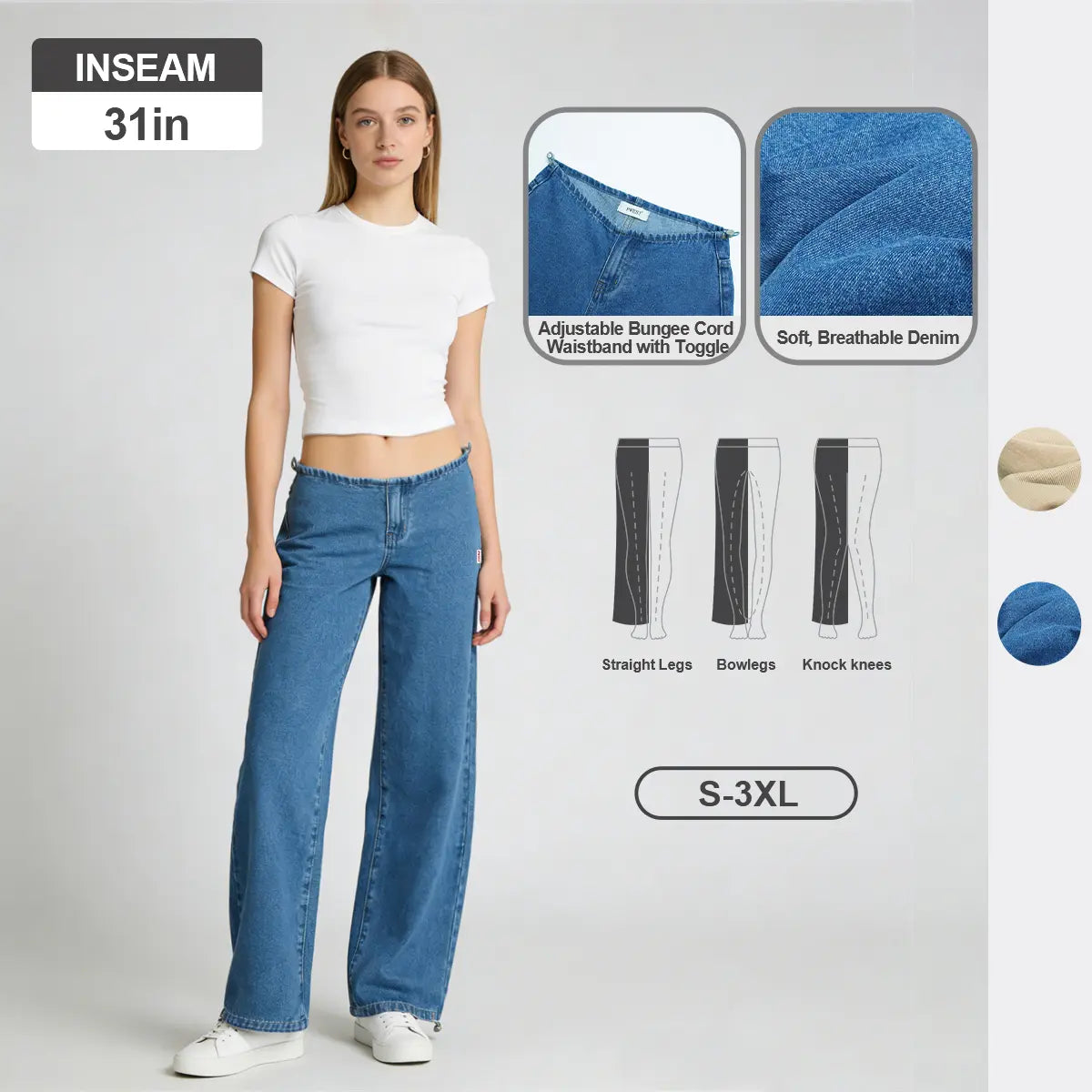Pwest NYC Low-Rise Wide-Leg Jeans — Adjustable Drawstring Waistband/Hem, Relaxed Straight Cut, Soft Daily Wear-Spring Summer Bottom Trouser