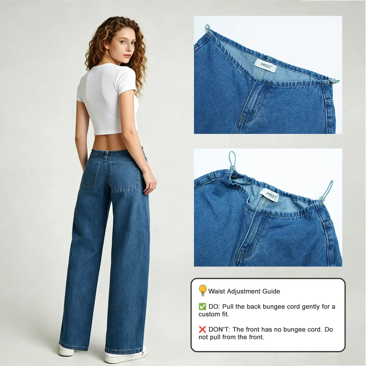 Pwest NYC Low-Rise Wide-Leg Jeans — Adjustable Drawstring Waistband/Hem, Relaxed Straight Cut, Soft Daily Wear-Spring Summer Bottom Trouser