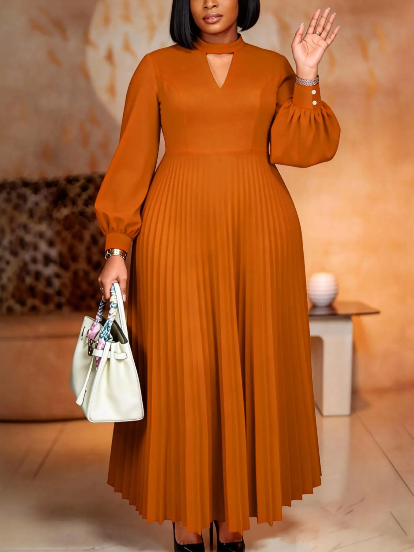 Plus-Size Women's Dress: An Elegant Chic Formal Wear Design Featuring Pleated Details, a Round Neckline, Cutout Details, Lantern Sleeves, and a Draped Waist—Perfect for Professional Commuting, Workwear, and Casual Evening Occasions.
