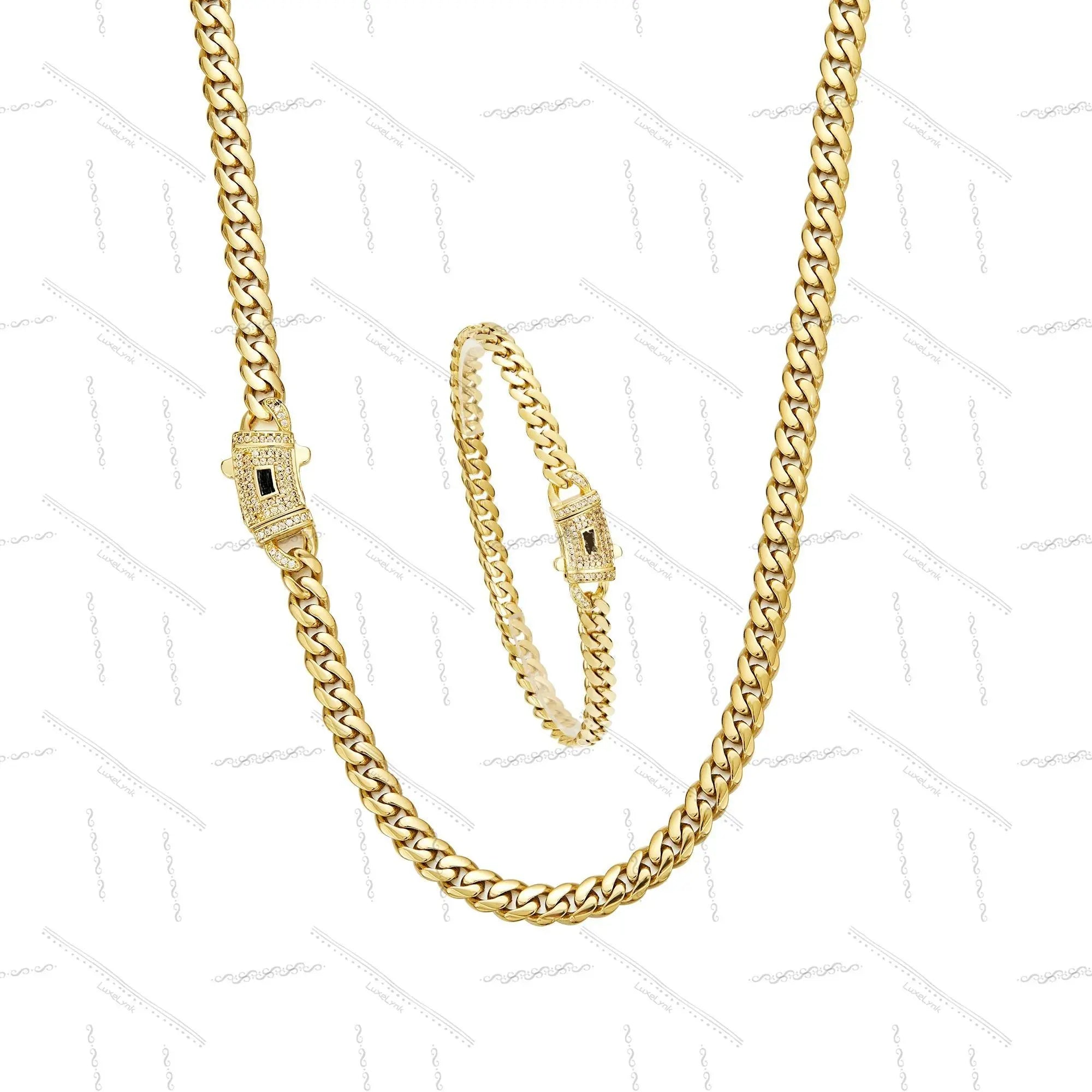【Set】14K gold-plated Cuban necklace and bracelet combination set, new anti-rust technology, comfortable to wear and non-allergic. 6/8/10/12/14mm can be selected. Suitable for leisure, business, entertainment and any other occasions