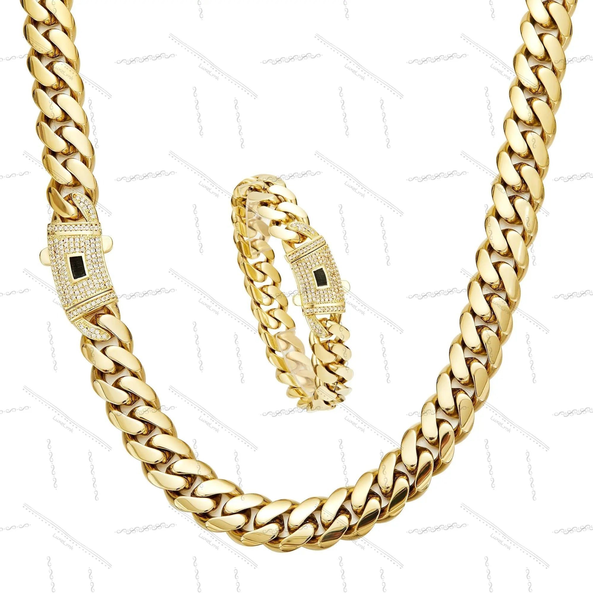 【Set】14K gold-plated Cuban necklace and bracelet combination set, new anti-rust technology, comfortable to wear and non-allergic. 6/8/10/12/14mm can be selected. Suitable for leisure, business, entertainment and any other occasions - width: 14 mm, Necklace: 16 inch (Necklace), Bracelet: 7.5 inch (Bracelet)