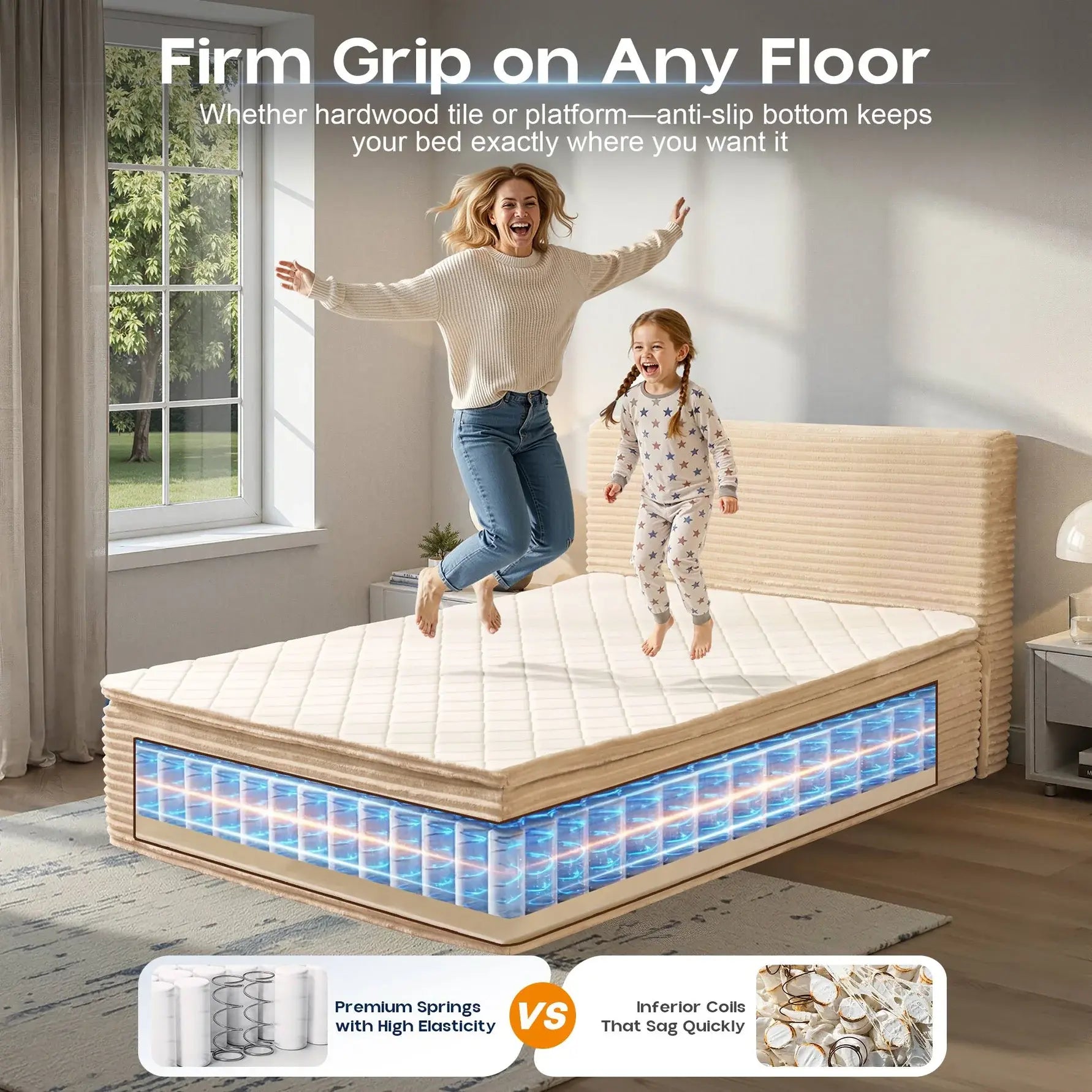 【Summerfinds】Ovios 3-in-1 Sofa Bed Mattress with Removable Headboard - No Assembly, Integrated Frame & Mattress Ready to Use, Pocket Springs, Memory Foam, Motion Isolation, CertiPUR-US, Queen/Full/Twin XL