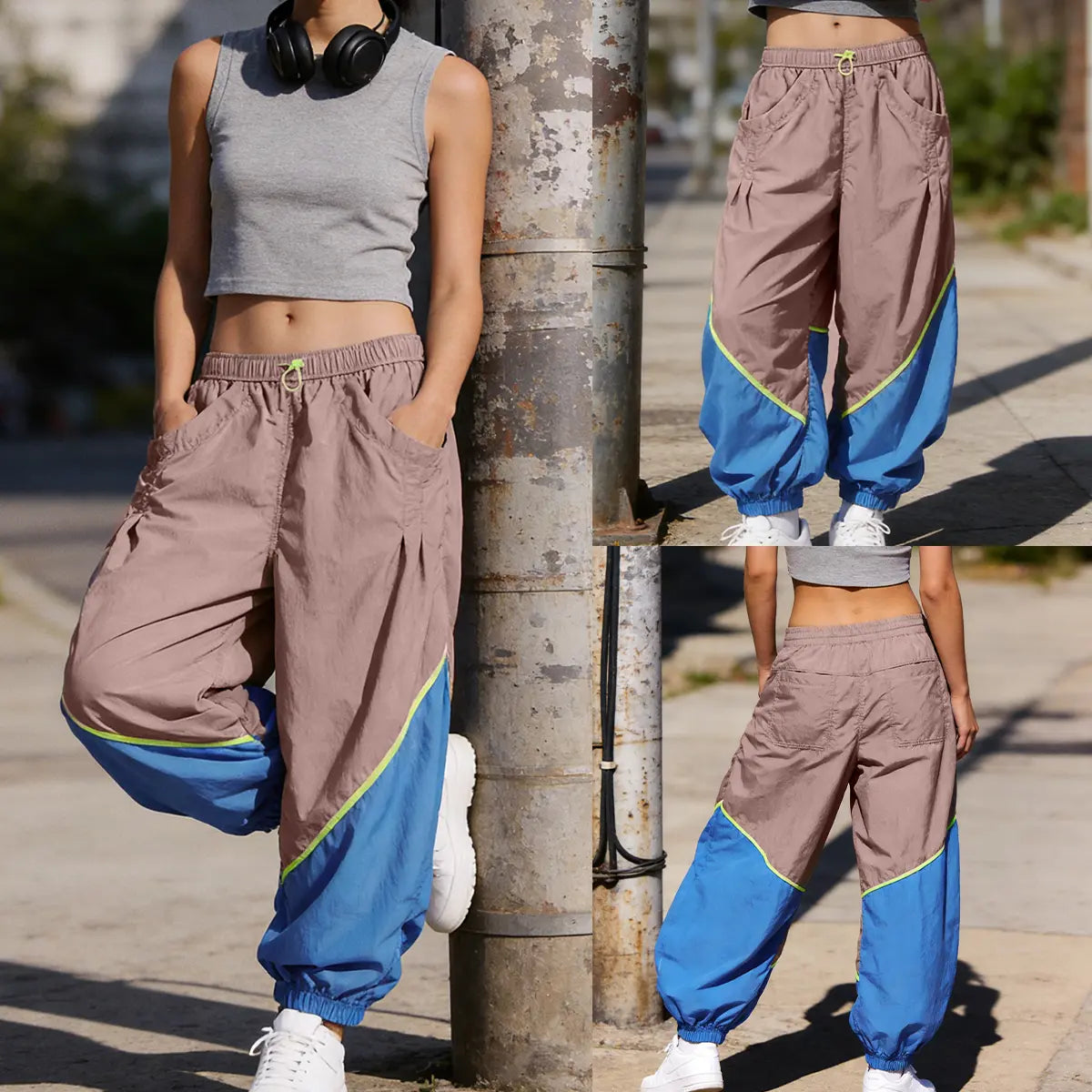 Tanming Women’s Trending Athleisure Colorblock Slouchy Track Pants, Lightweight Quick Dry Mid-Rise Joggers with Adjustable Drawstring Waist, Pockets & Cinched Hems, Women's Clothes for Hyrox,summerwins,summeroutfits,vacationoutfits,beachoutfits