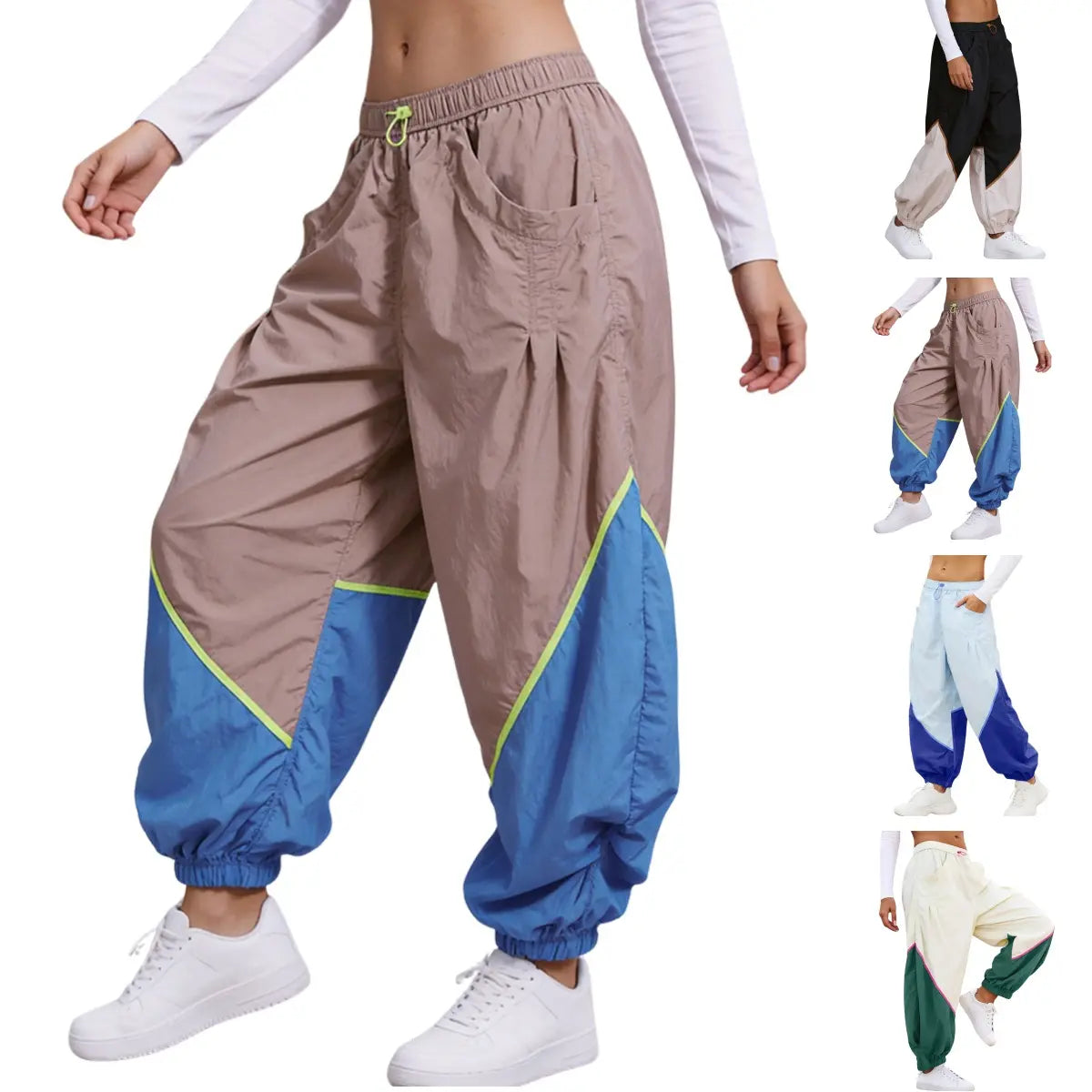 Tanming Women’s Trending Athleisure Colorblock Slouchy Track Pants, Lightweight Quick Dry Mid-Rise Joggers with Adjustable Drawstring Waist, Pockets & Cinched Hems, Women's Clothes for Hyrox,summerwins,summeroutfits,vacationoutfits,beachoutfits