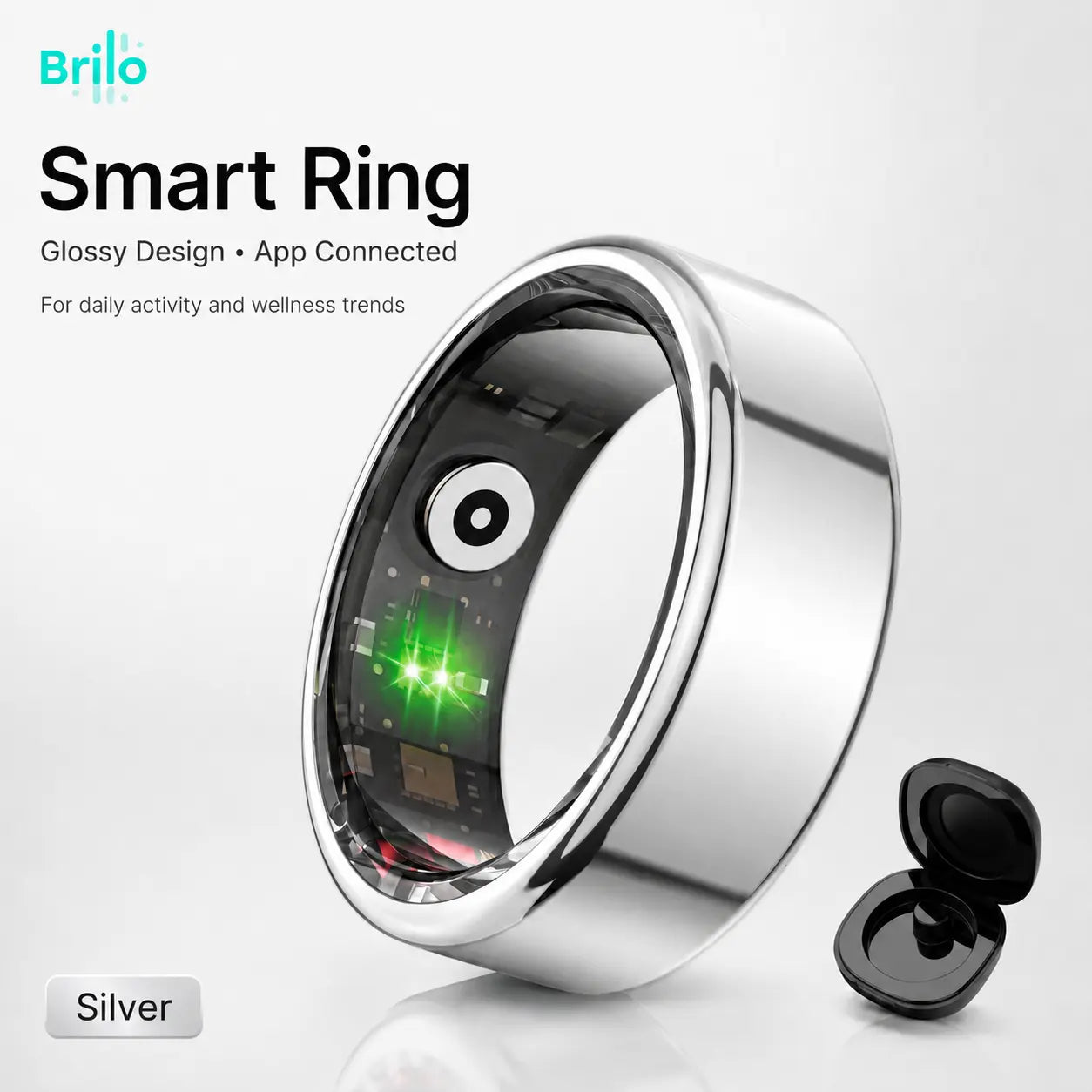 BRILO T07 Wearable Smart Ring Fitness Tracker, Titanium Silver Bluetooth Wellness Ring with Charging Case, IP68 Waterproof, Sleep & Activity Insights, Free App, iOS & Android Compatible