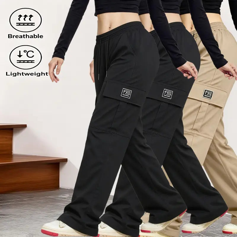 AIbart Women's 3-Pack Baggy Knitting Cargo Pants, Adjustable Drawstring Waist, Lightweight Breathable Plain Utility Trousers, Multi-Functional Pockets, Everyday Casual Streetwear Bottoms