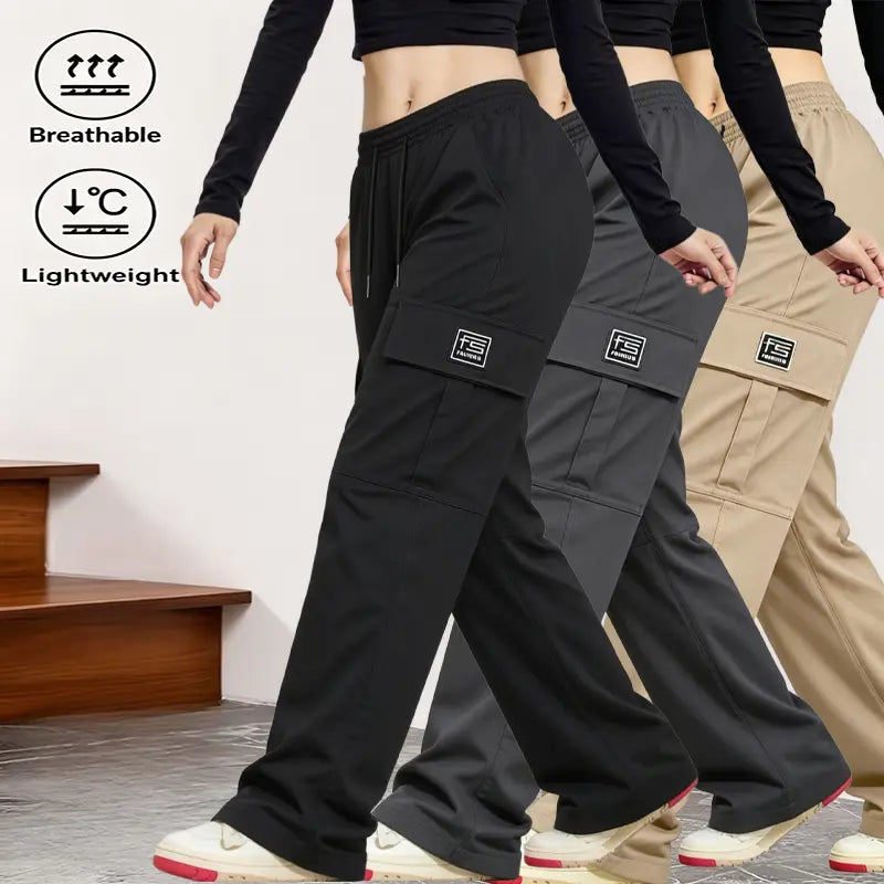 AIbart Women's 3-Pack Baggy Knitting Cargo Pants, Adjustable Drawstring Waist, Lightweight Breathable Plain Utility Trousers, Multi-Functional Pockets, Everyday Casual Streetwear Bottoms