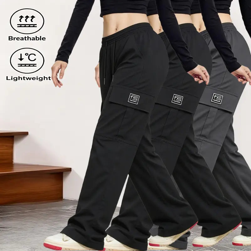 AIbart Women's 3-Pack Baggy Knitting Cargo Pants, Adjustable Drawstring Waist, Lightweight Breathable Plain Utility Trousers, Multi-Functional Pockets, Everyday Casual Streetwear Bottoms - Color: Black + Black + Gray, Size: XXS