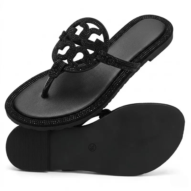 Women's Crystal Thong Flats Sandals - Sparkly Rhinestone Anti-Slip Flat Flip Flops with Cushioned Comfort Insole, Ideal for Beach, Wedding Wear | Girly Feminine Women's Shoes