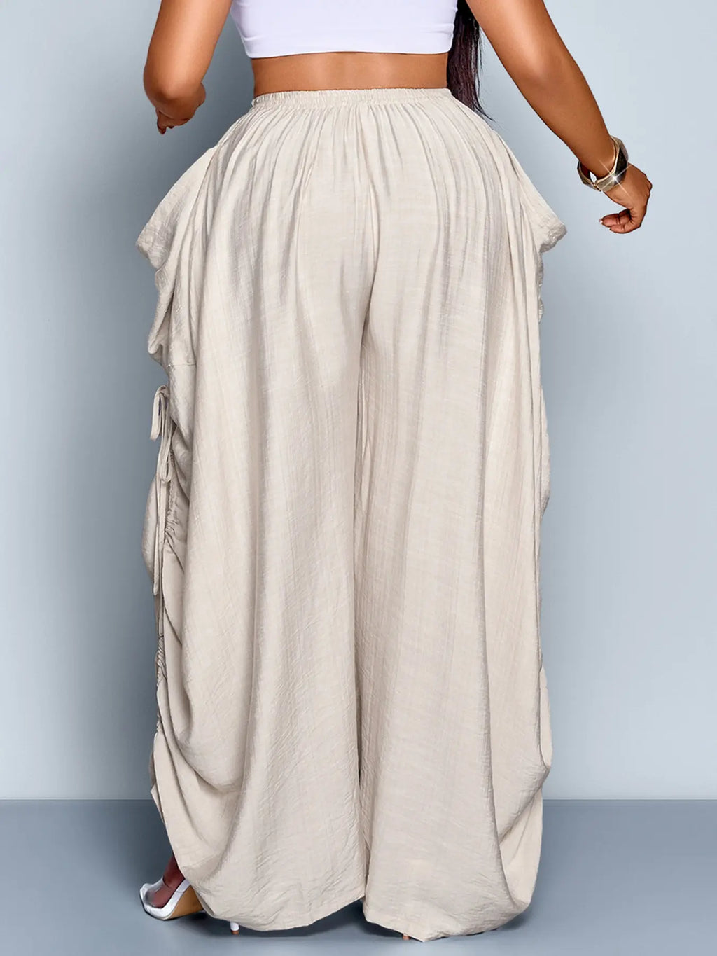 Women's Plus Size Casual Solid Color High Waist Adjustable Drawstring Wide Leg Pants, Loose-Fitting Baggy Long Pants for All Seasons, Daily Commute Style