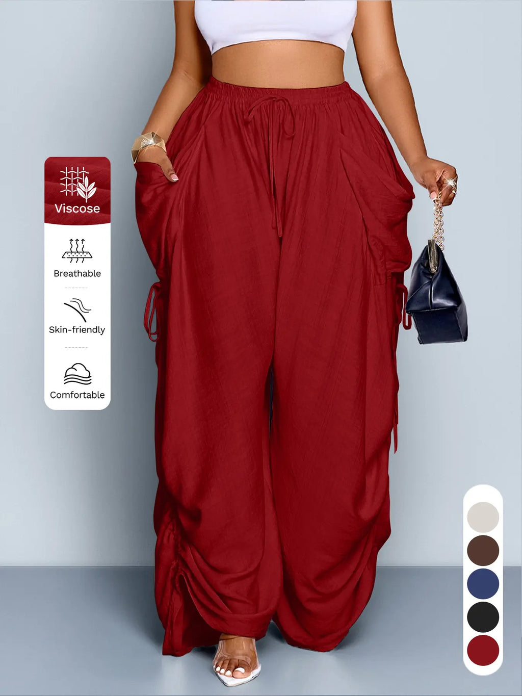 Women's Plus Size Casual Solid Color High Waist Adjustable Drawstring Wide Leg Pants, Loose-Fitting Baggy Long Pants for All Seasons, Daily Commute Style