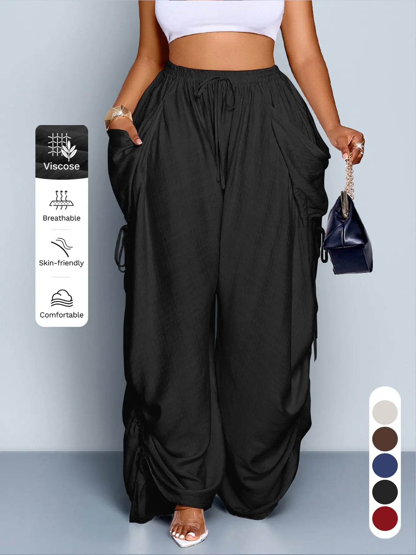 Women's Plus Size Casual Solid Color High Waist Adjustable Drawstring Wide Leg Pants, Loose-Fitting Baggy Long Pants for All Seasons, Daily Commute Style - Color: Black, Size: 4XL