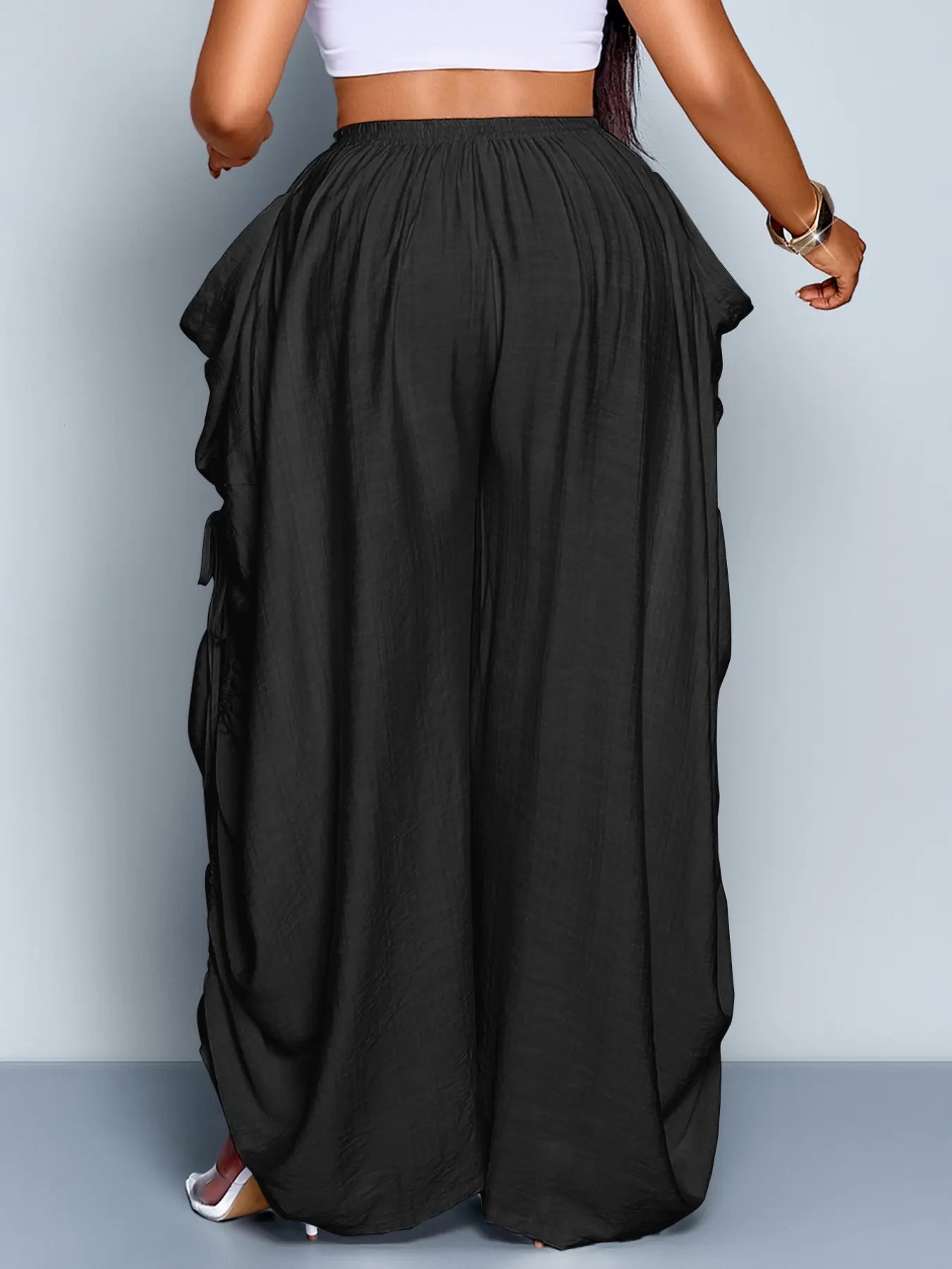 Women's Plus Size Casual Solid Color High Waist Adjustable Drawstring Wide Leg Pants, Loose-Fitting Baggy Long Pants for All Seasons, Daily Commute Style