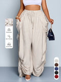 Women's Plus Size Casual Solid Color High Waist Adjustable Drawstring Wide Leg Pants, Loose-Fitting Baggy Long Pants for All Seasons, Daily Commute Style