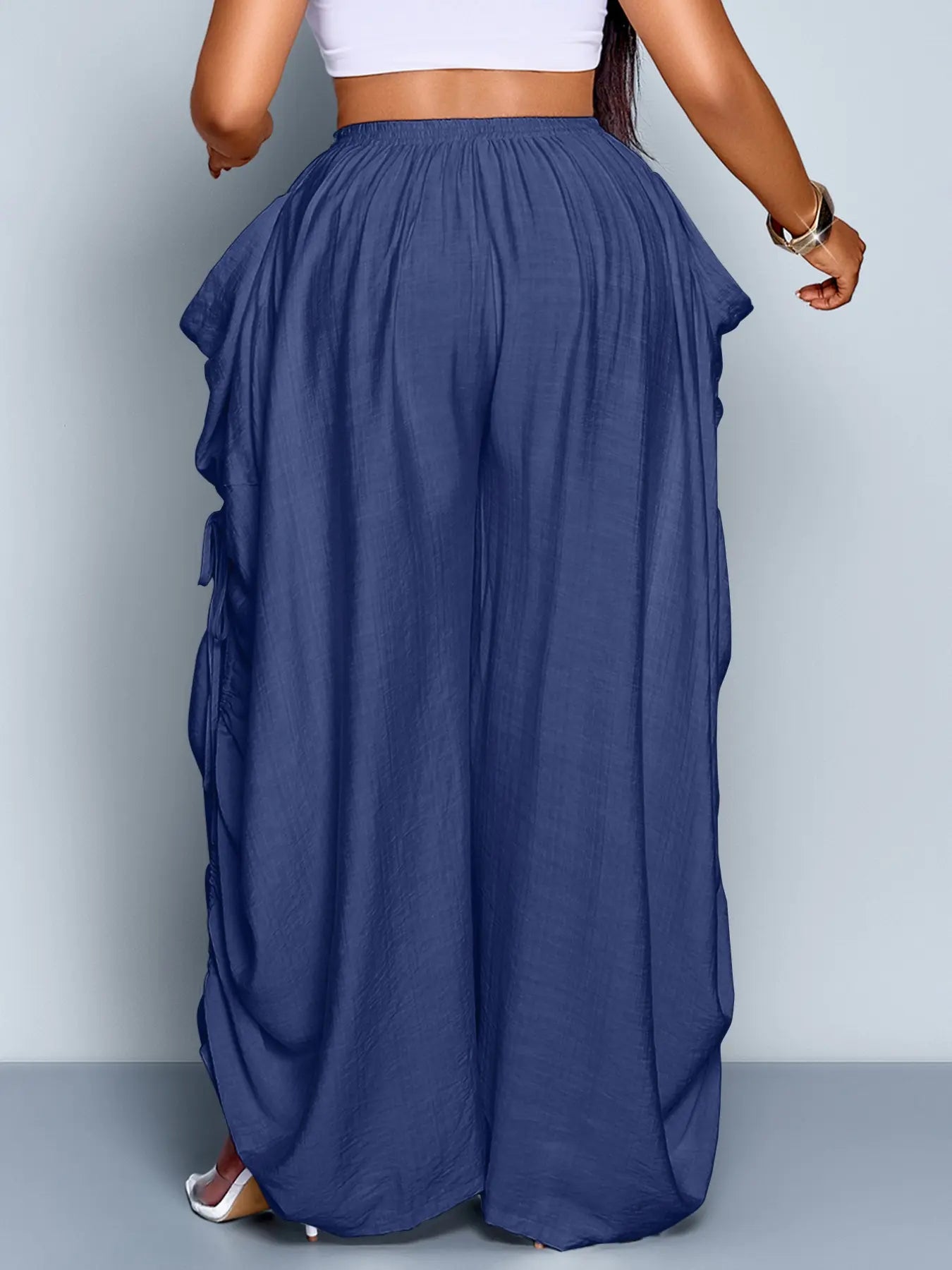Women's Plus Size Casual Solid Color High Waist Adjustable Drawstring Wide Leg Pants, Loose-Fitting Baggy Long Pants for All Seasons, Daily Commute Style