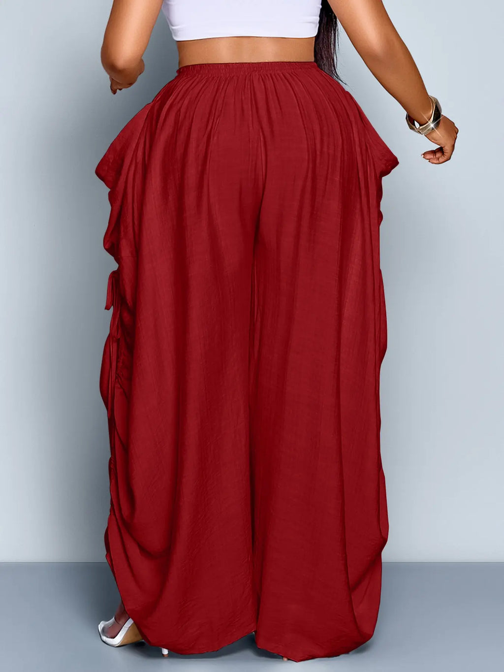 Women's Plus Size Casual Solid Color High Waist Adjustable Drawstring Wide Leg Pants, Loose-Fitting Baggy Long Pants for All Seasons, Daily Commute Style