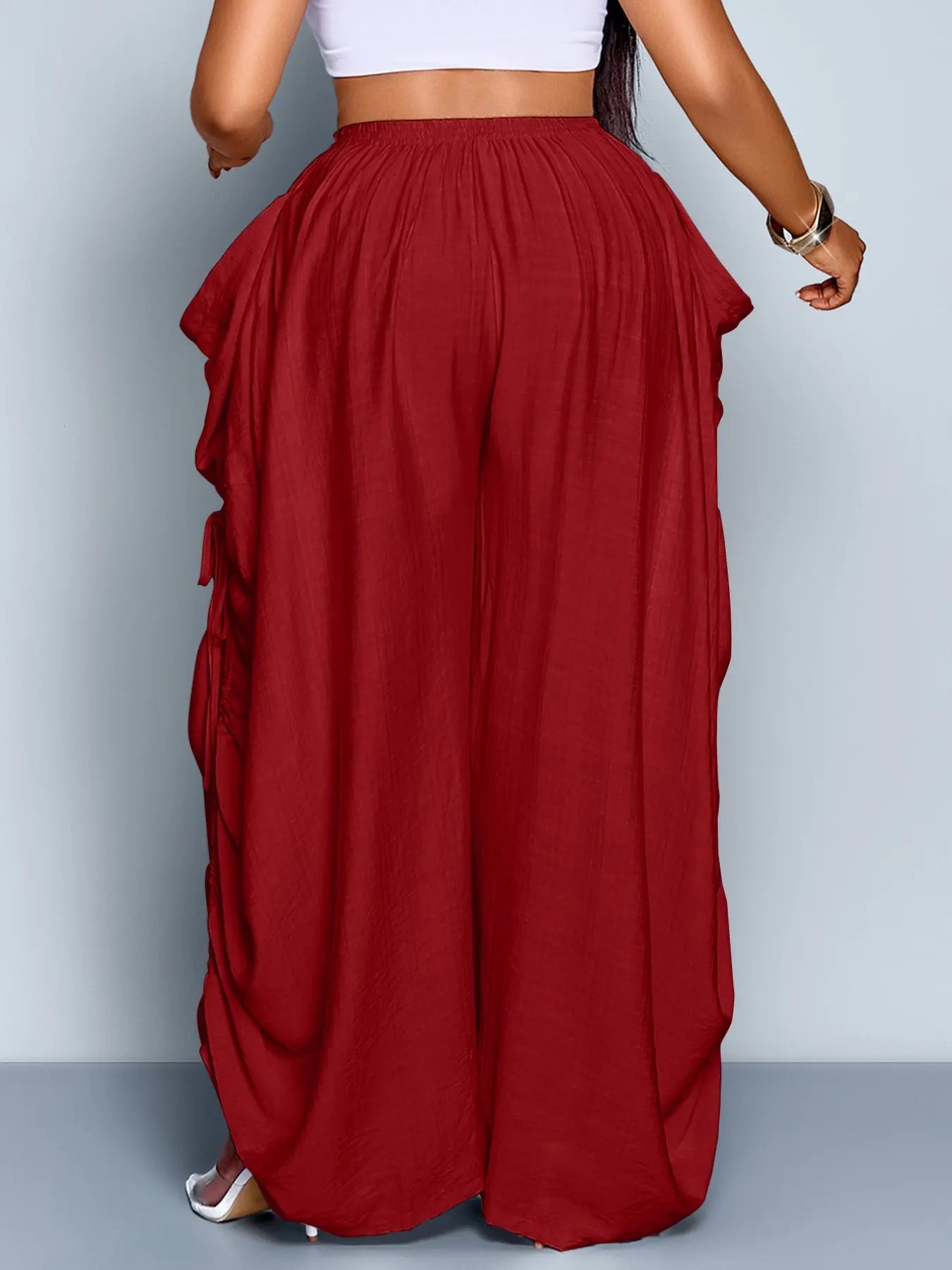 Women's Plus Size Casual Solid Color High Waist Adjustable Drawstring Wide Leg Pants, Loose-Fitting Baggy Long Pants for All Seasons, Daily Commute Style