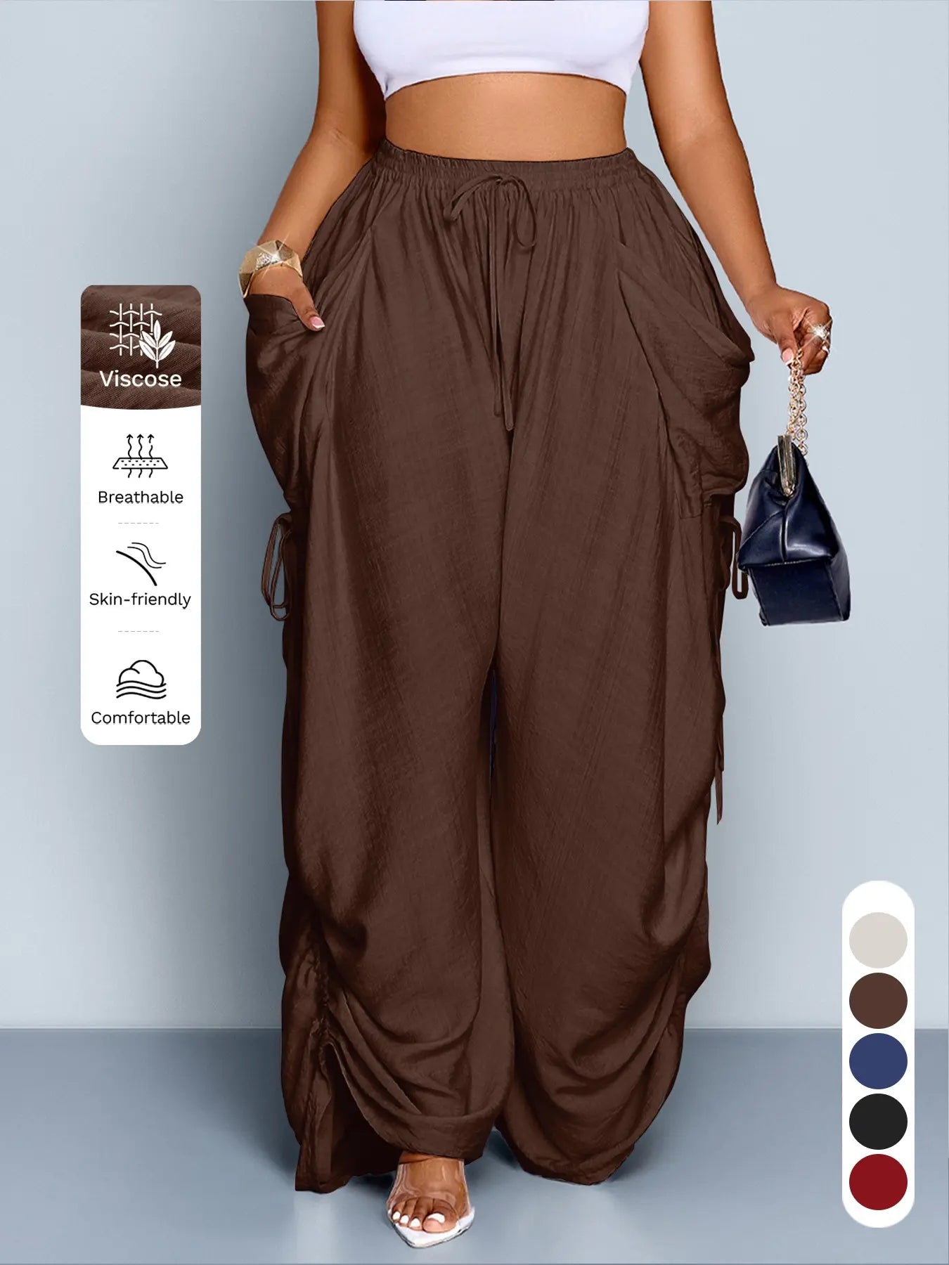 Women's Plus Size Casual Solid Color High Waist Adjustable Drawstring Wide Leg Pants, Loose-Fitting Baggy Long Pants for All Seasons, Daily Commute Style