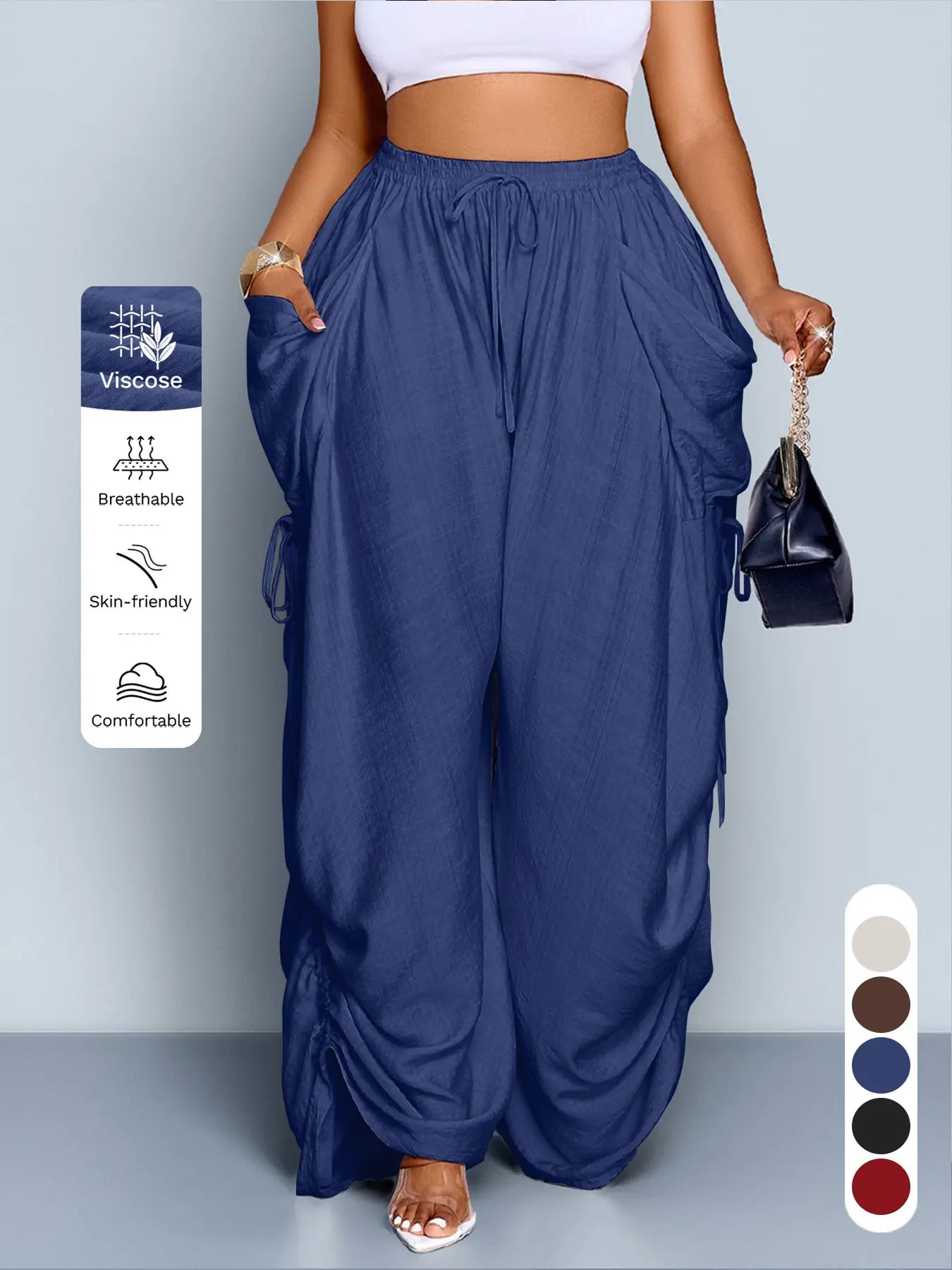 Women's Plus Size Casual Solid Color High Waist Adjustable Drawstring Wide Leg Pants, Loose-Fitting Baggy Long Pants for All Seasons, Daily Commute Style - Color: Blue, Size: 4XL