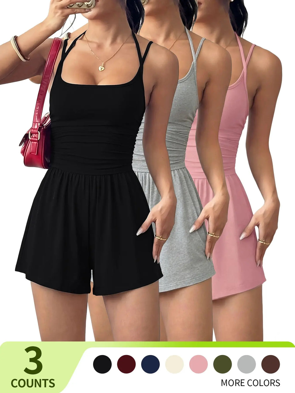 Women's 1/3-Piece Solid Color Adjustable Romper, Casual Fashion Romper for Summer, Women's Clothes for Daily Wear, Easy Care
