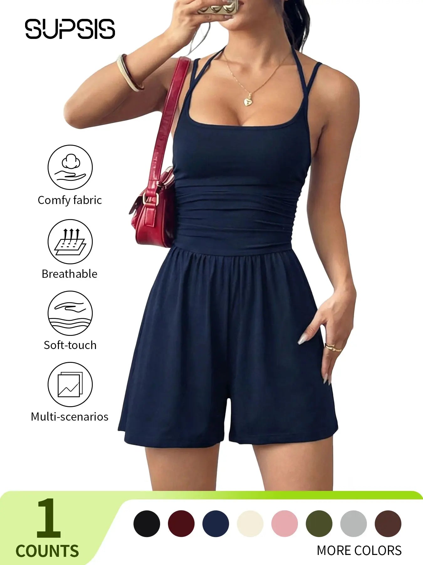 Women's 1/3-Piece Solid Color Adjustable Romper, Casual Fashion Romper for Summer, Women's Clothes for Daily Wear, Easy Care