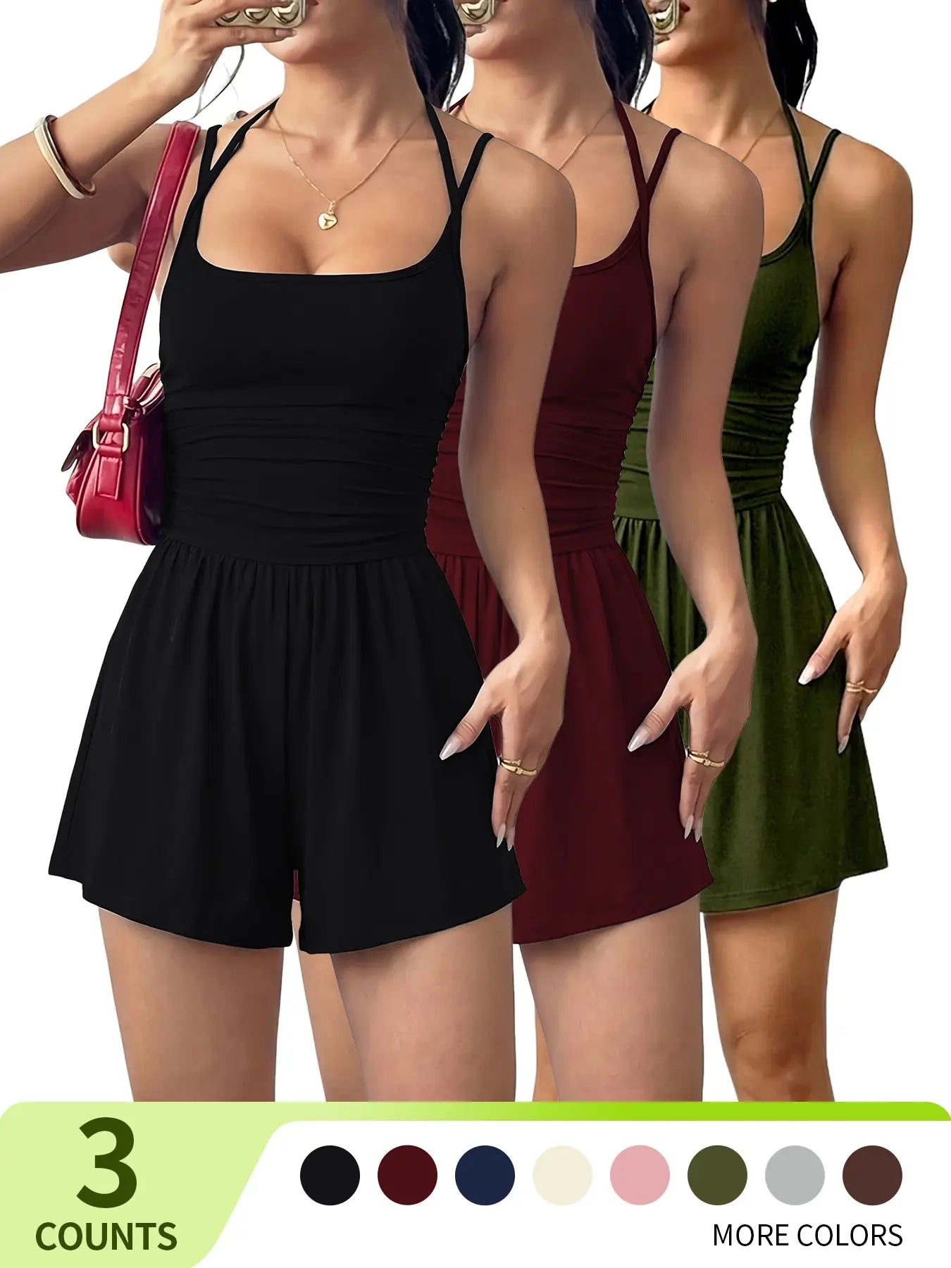 Women's 1/3-Piece Solid Color Adjustable Romper, Casual Fashion Romper for Summer, Women's Clothes for Daily Wear, Easy Care