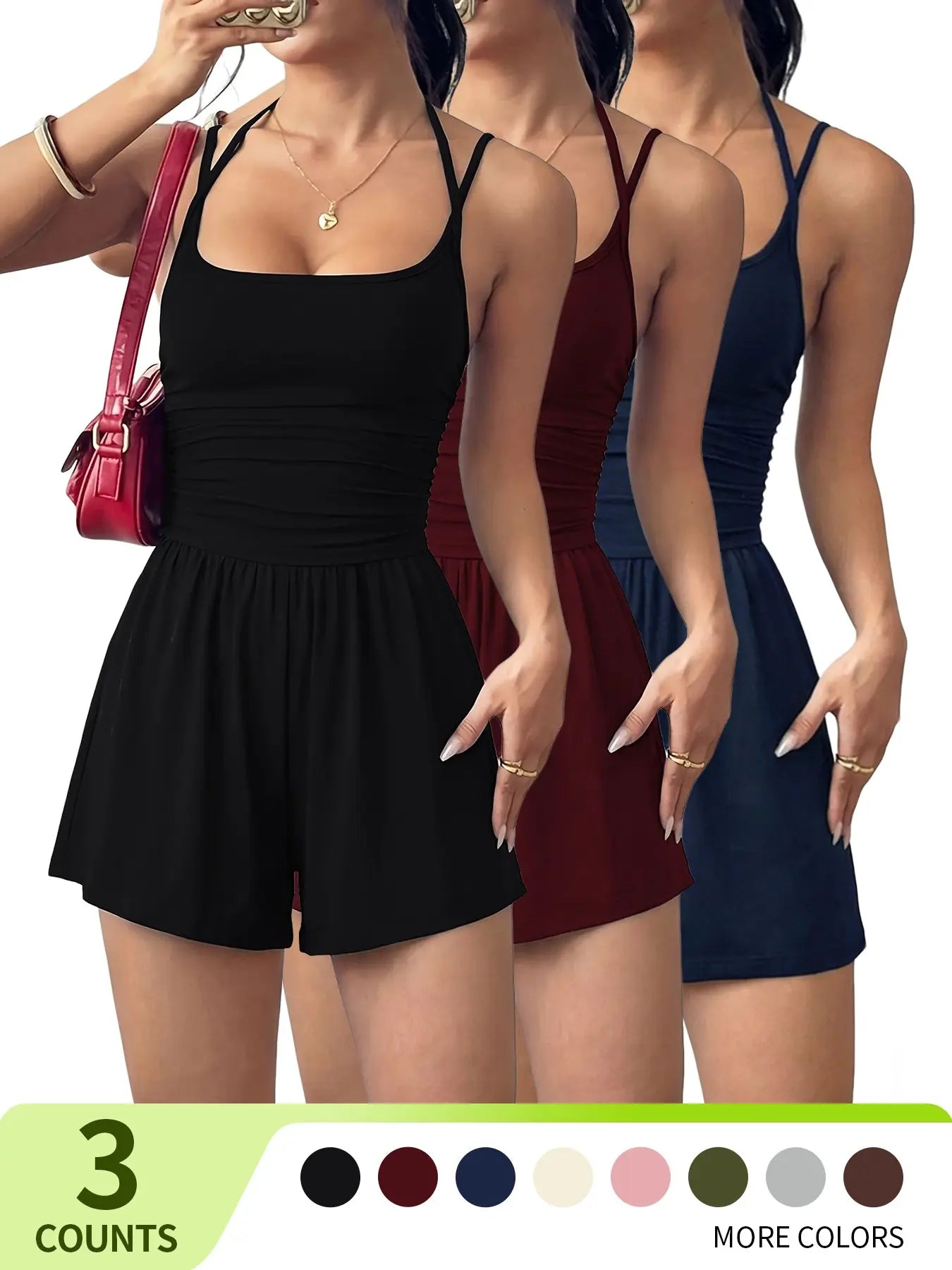 Women's 1/3-Piece Solid Color Adjustable Romper, Casual Fashion Romper for Summer, Women's Clothes for Daily Wear, Easy Care