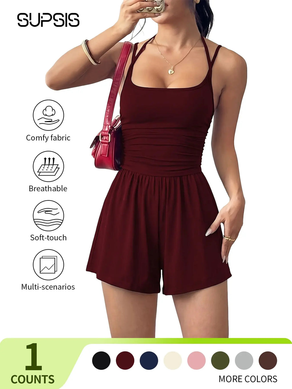 Women's 1/3-Piece Solid Color Adjustable Romper, Casual Fashion Romper for Summer, Women's Clothes for Daily Wear, Easy Care