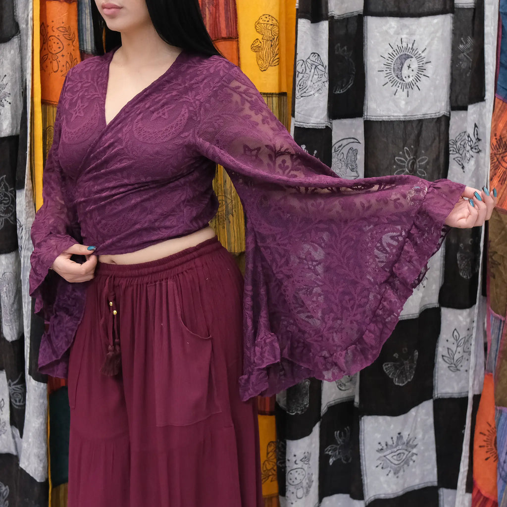 Sheer Celestial Lace Wrap Top Bell Sleeves, Fairy core Boho Blouse, Multi Way Ruffle Sleeve Top