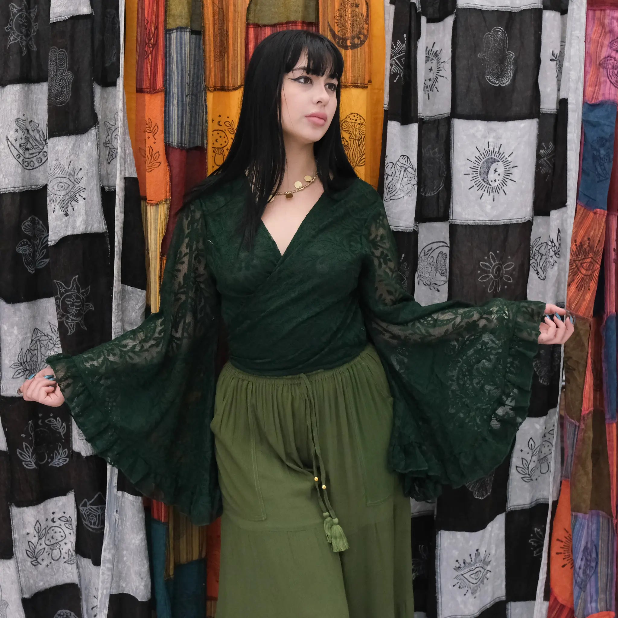 Sheer Celestial Lace Wrap Top Bell Sleeves, Fairy core Boho Blouse, Multi Way Ruffle Sleeve Top