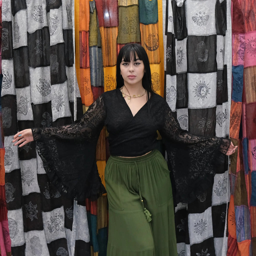 Sheer Celestial Lace Wrap Top Bell Sleeves, Fairy core Boho Blouse, Multi Way Ruffle Sleeve Top