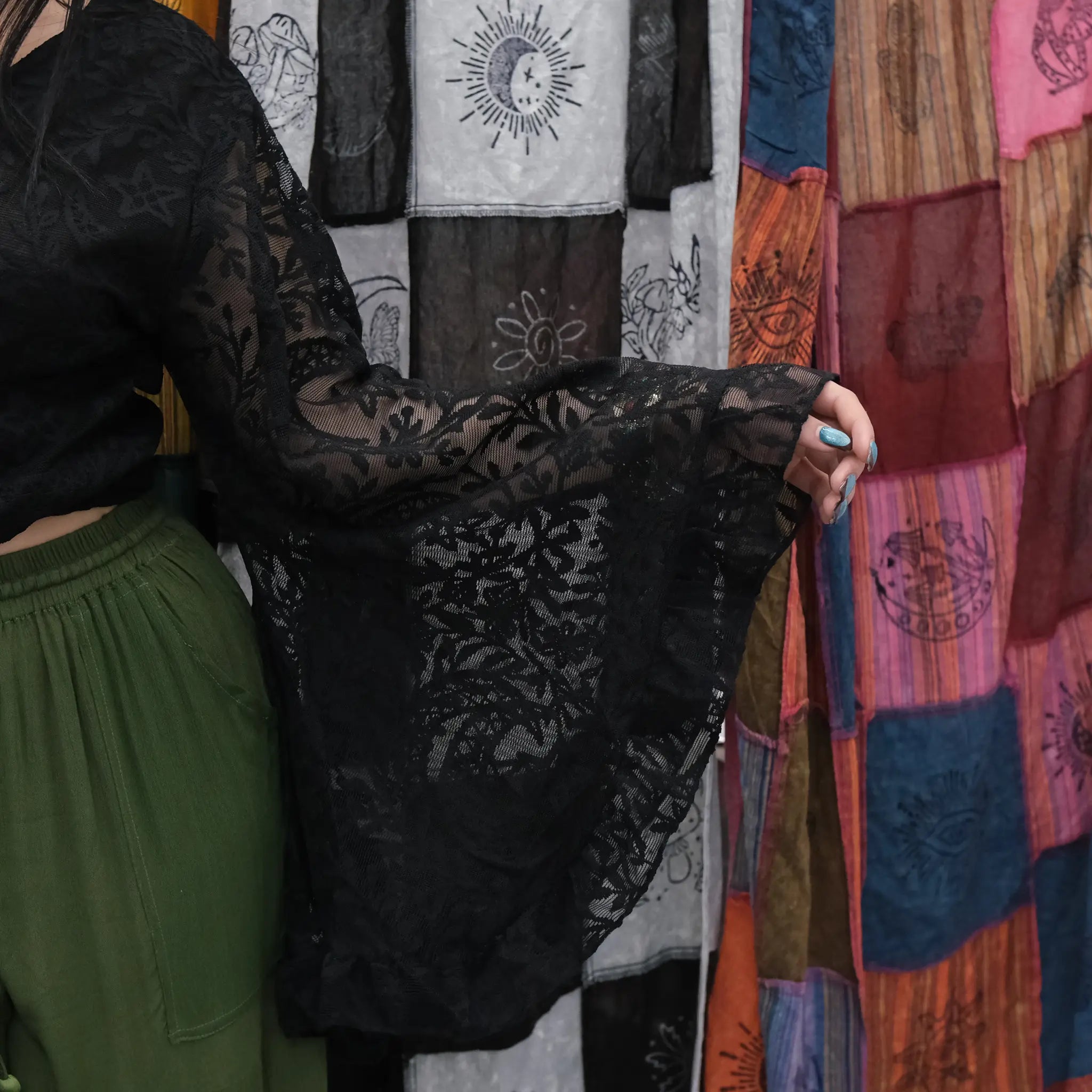 Sheer Celestial Lace Wrap Top Bell Sleeves, Fairy core Boho Blouse, Multi Way Ruffle Sleeve Top